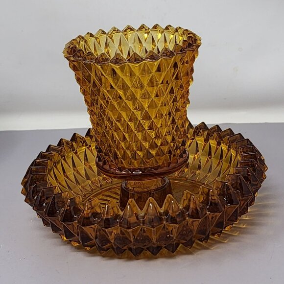 Vintage Amber Indiana Glass Diamond Pattern Candle Holder Set - Picture 1 of 9